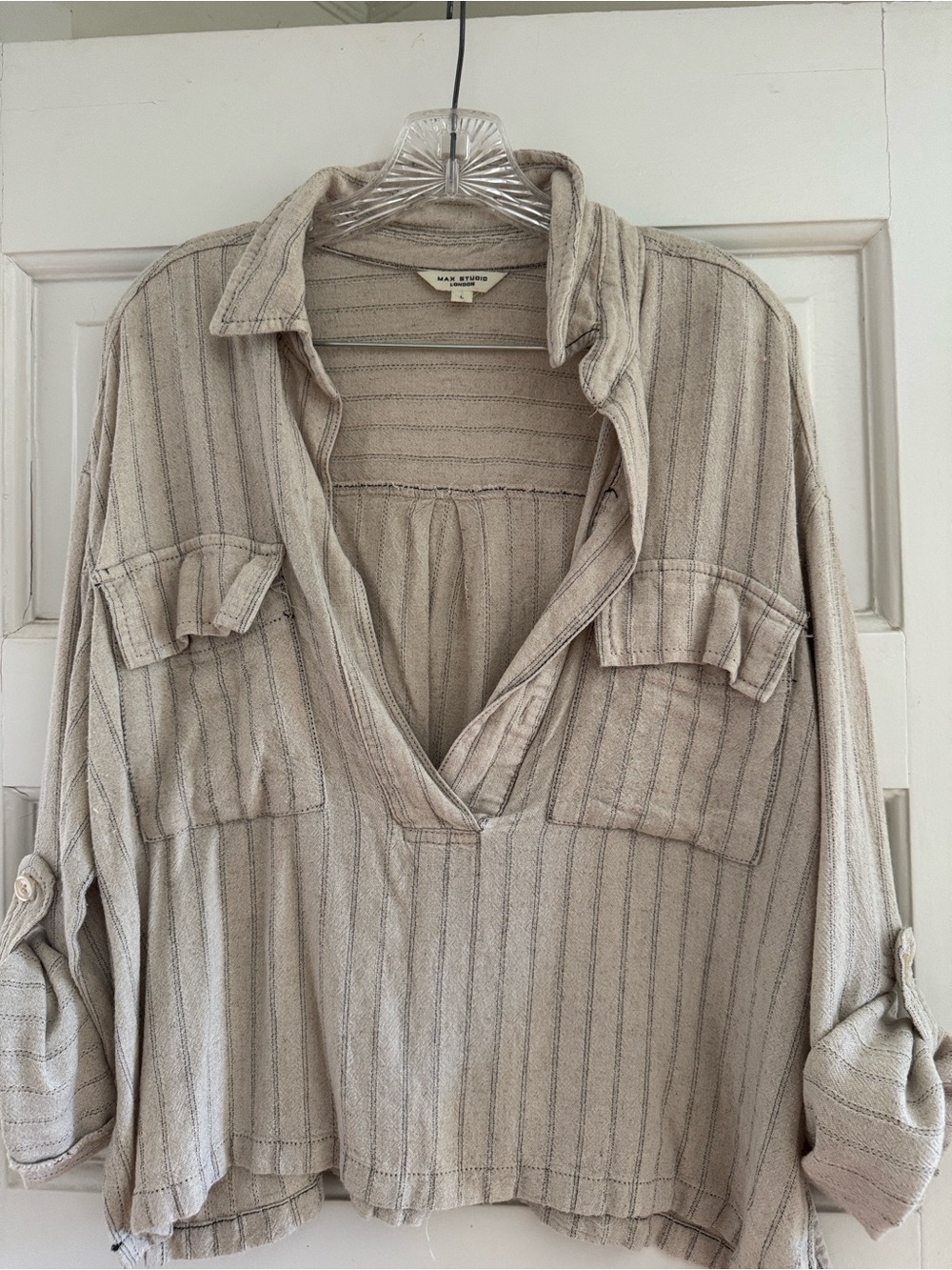 Max Studio Beige Striped Button-Front Knit Top